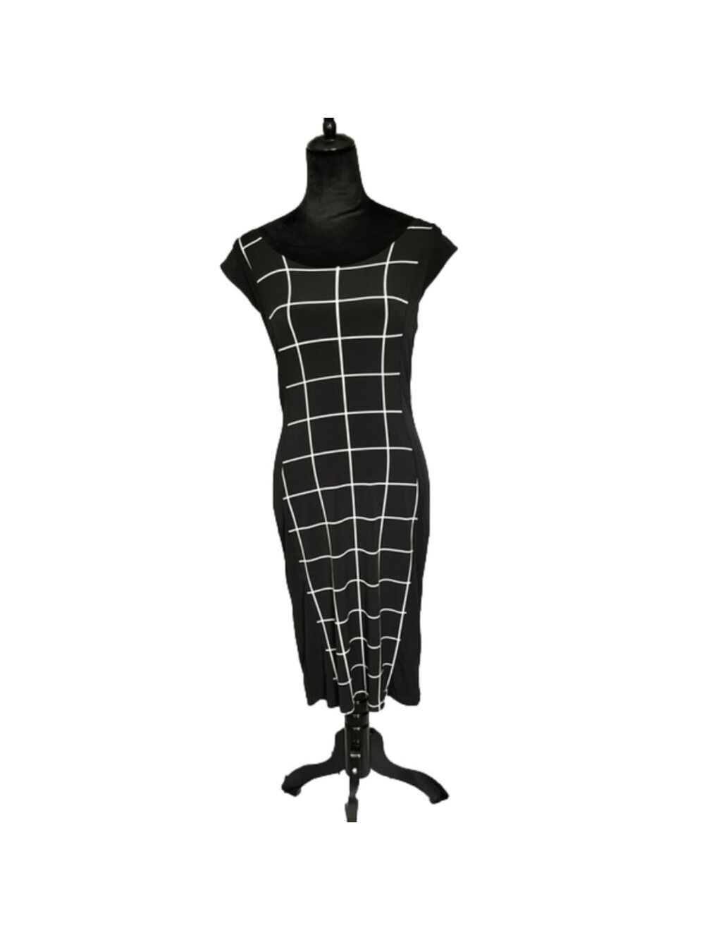 LBISSE Black Fitted Dress with White Check Pattern in the center front. Sz M EUC